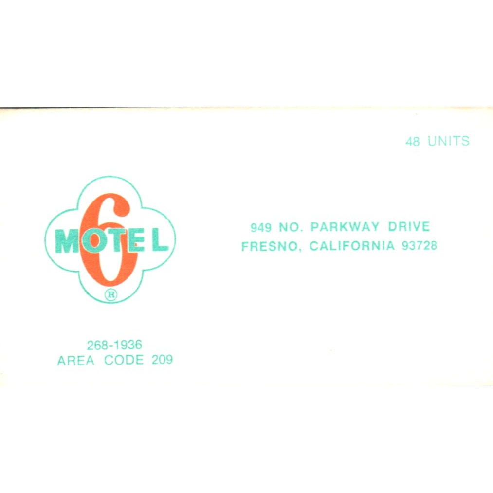 Fresno CA Motel 6 Vintage Business Card SD8-B22