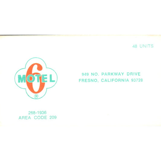 Fresno CA Motel 6 Vintage Business Card SD8-B22