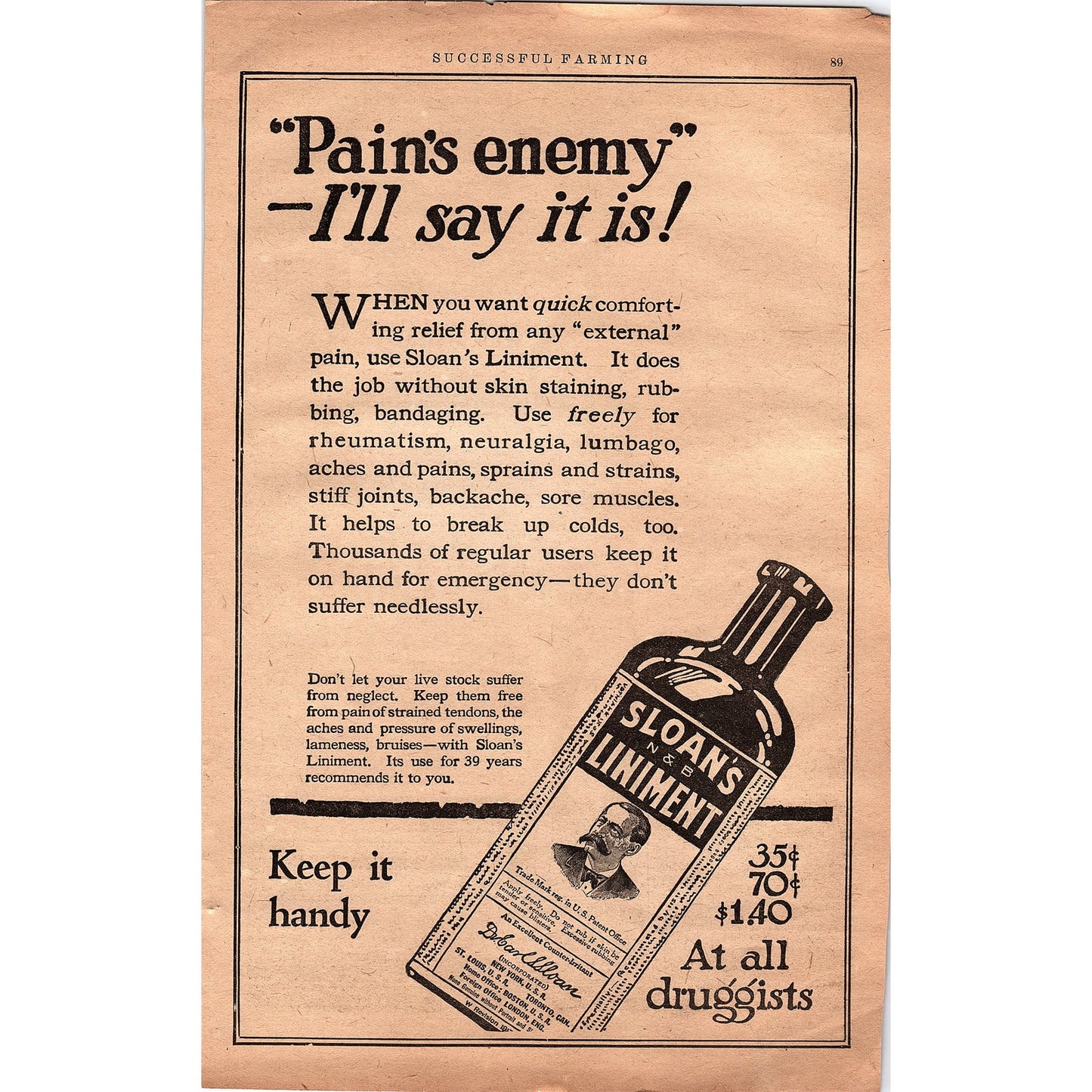 Sloan's N&B Liniment Dr. Earl S. Sloan NY 1920 Ad V1-3