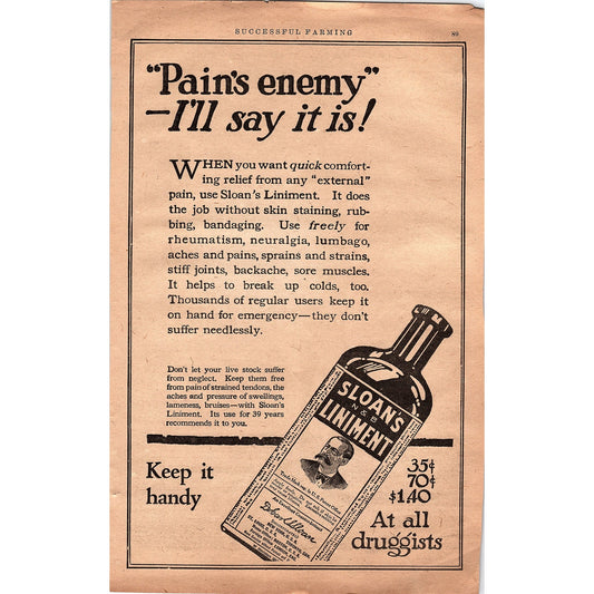 Sloan's N&B Liniment Dr. Earl S. Sloan NY 1920 Ad V1-3