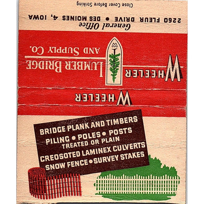 Wheeler Lumber Bridge & Supply Co Des Moines IA Vtg Large Matchbook Cover TH2-Y3