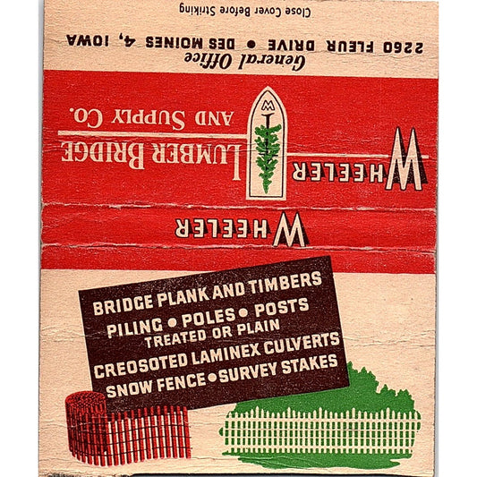 Wheeler Lumber Bridge & Supply Co Des Moines IA Vtg Large Matchbook Cover TH2-Y3