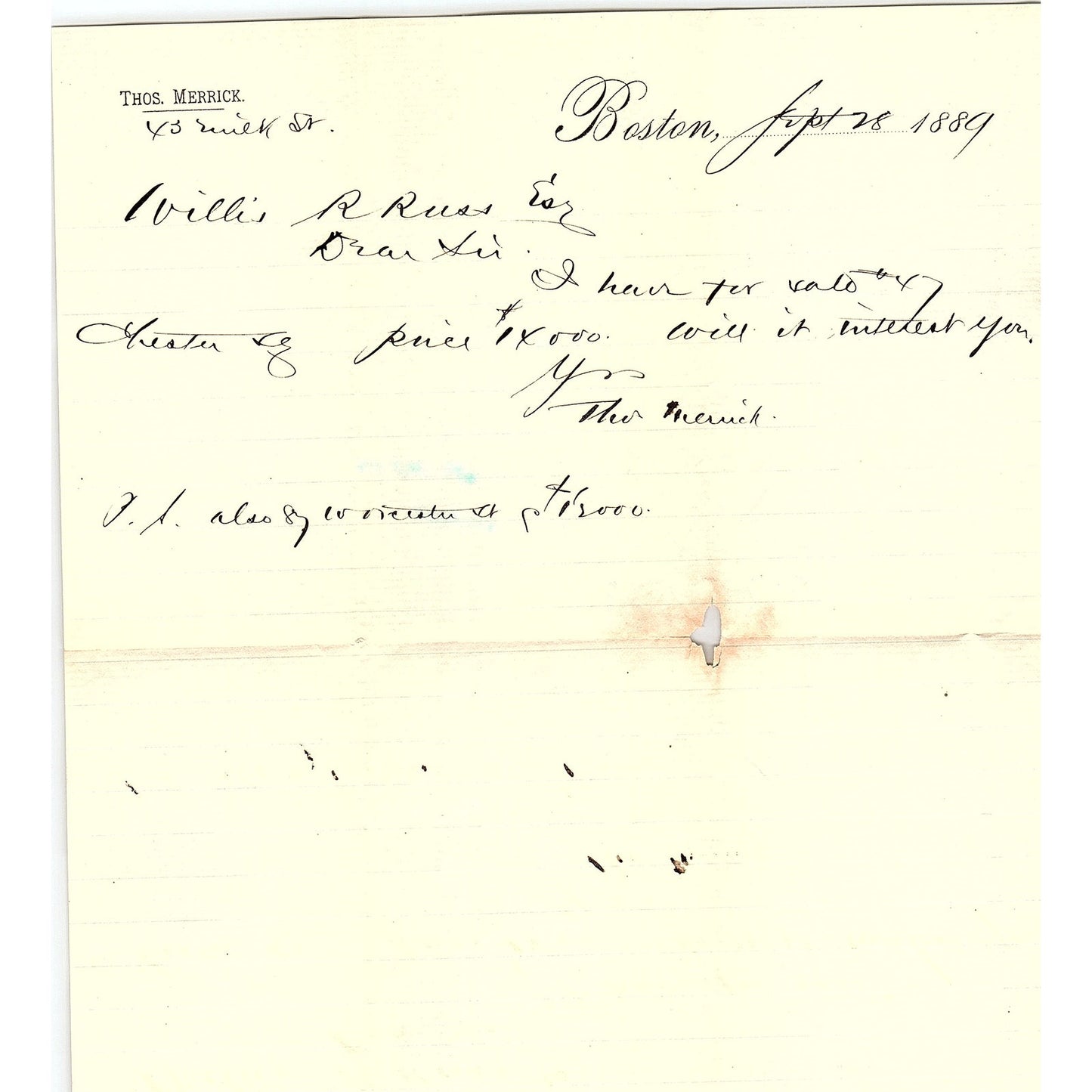 1889 Thomas Merrick Letterhead Memo Willis R Russ Boston MA AF4-2