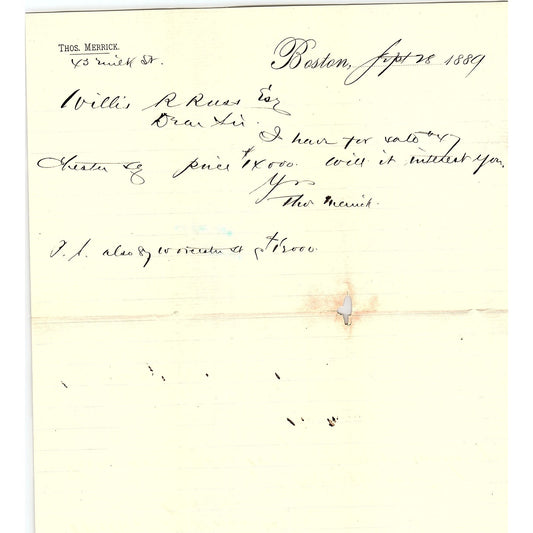 1889 Thomas Merrick Letterhead Memo Willis R Russ Boston MA AF4-2