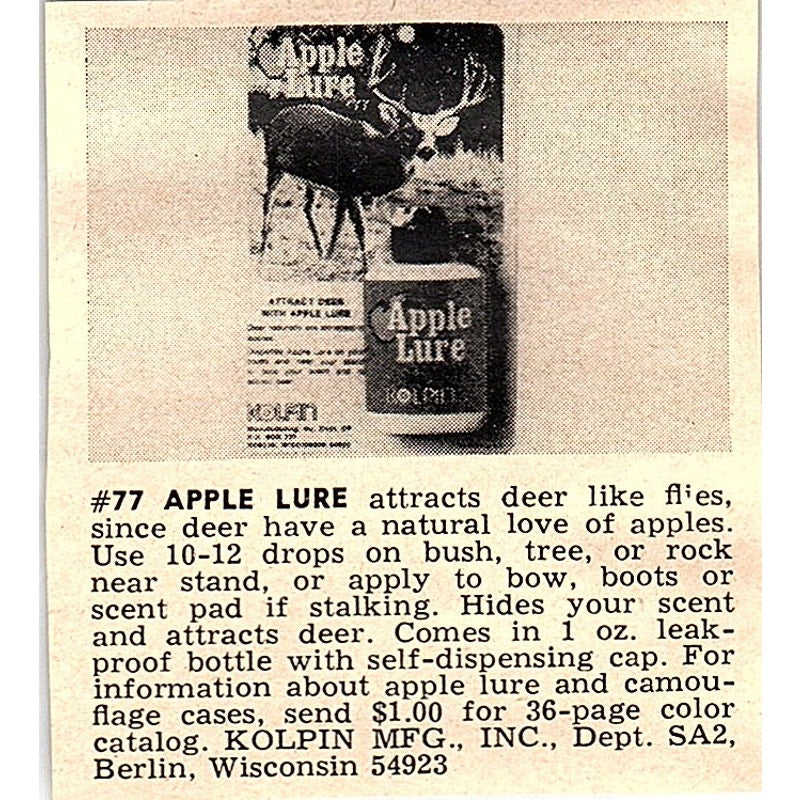 Apple Lure for Deer Kolpin Mfg Inc Berlin WI 1977 Ad AF6-M2