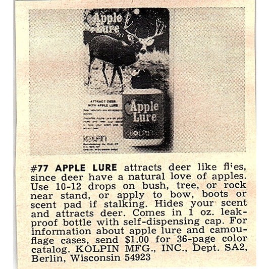 Apple Lure for Deer Kolpin Mfg Inc Berlin WI 1977 Ad AF6-M2