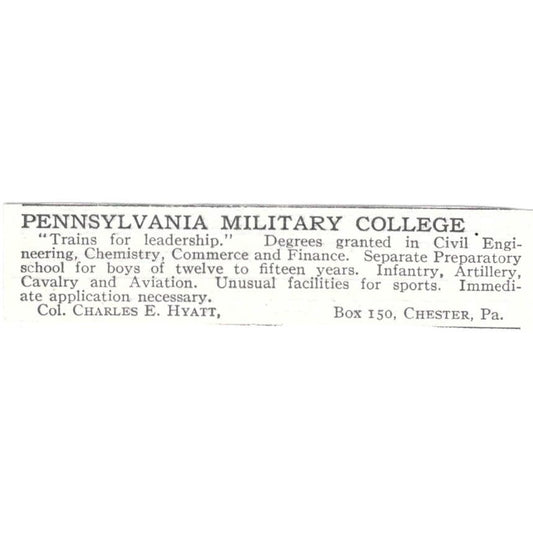 Pennsylvania Military College Charles E. Hyatt Chester c1918 Advert AE5-SV1