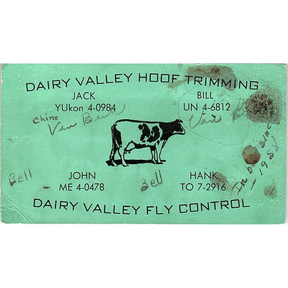 Dairy Valley Hoof Trimming & Fly Control Vintage Business Card SD9-B8