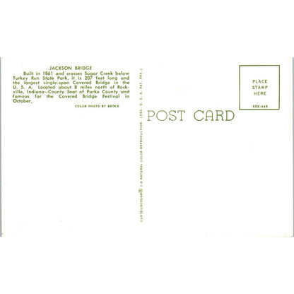 Jackson Bridge Turkey Run State Park Rockville IN Covered Bridge Postcard PD1