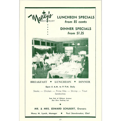 Monty's Restaurant Edward Schubert Henry M Lynch 1957 Estes Park CO Ad AG4-1
