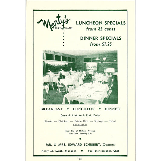 Monty's Restaurant Edward Schubert Henry M Lynch 1957 Estes Park CO Ad AG4-1