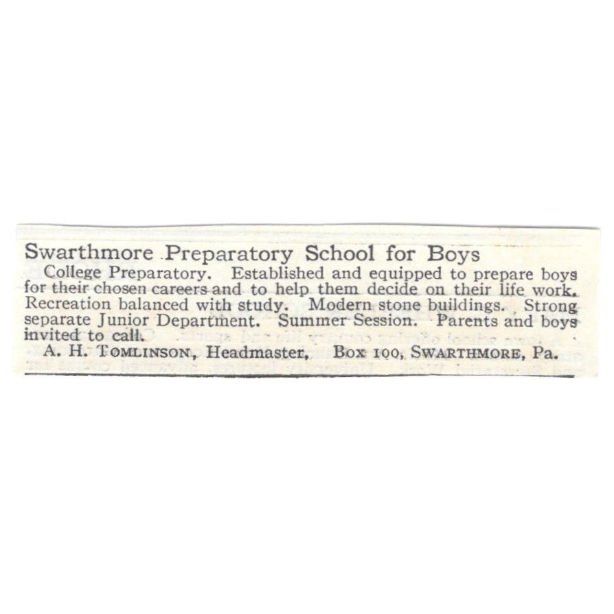 Swarthmore Preparatory School A.H. Tomlinson PA c1918 Advertisement AE5-SA9