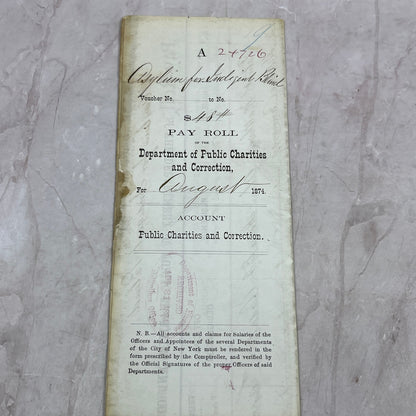 1874 NY Dept of Public Charities and Correction Payroll Asylum for Blind TJ5-E2