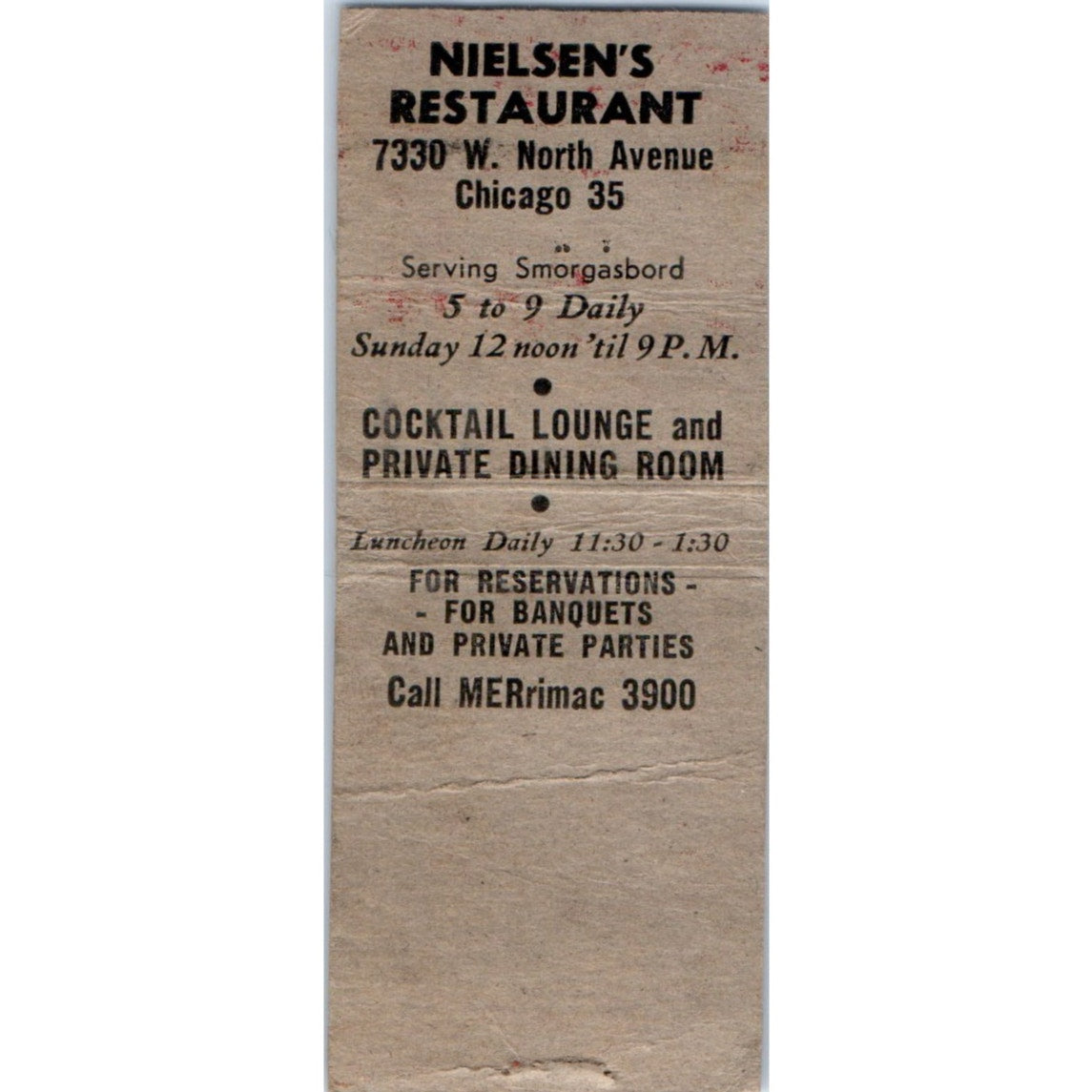 Nielsen's Restaurant Smorgasbord Chicago Vintage Matchbook Cover SF4-Y2