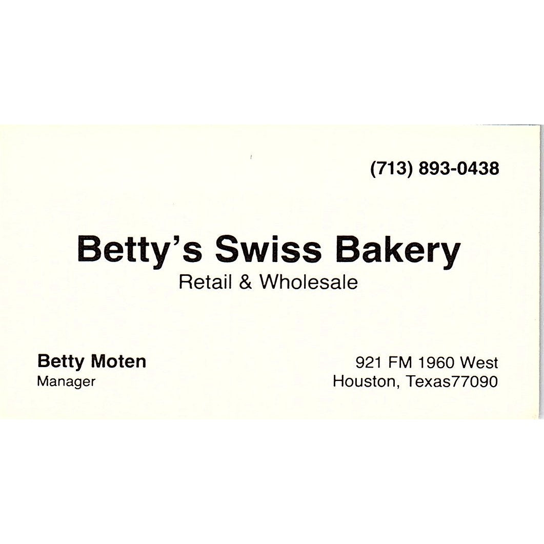Betty Moten Betty's Swiss Bakery Houston Vintage Business Card SD9-B6
