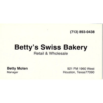 Betty Moten Betty's Swiss Bakery Houston Vintage Business Card SD9-B6