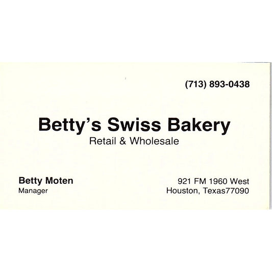 Betty Moten Betty's Swiss Bakery Houston Vintage Business Card SD9-B6
