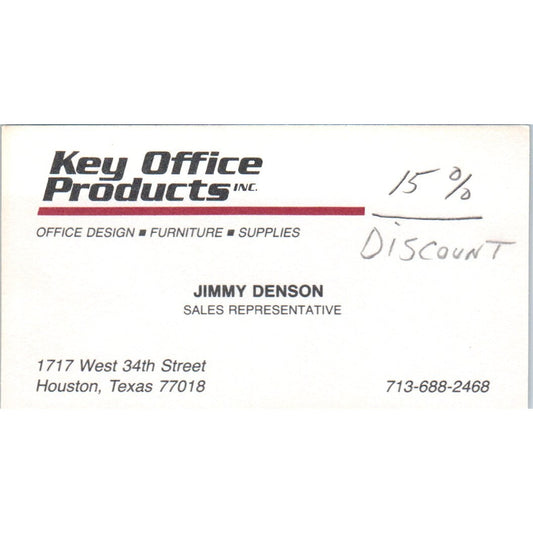 Jimmy Denson Key Office Products Houston TX Vintage Business Card SE3-B5