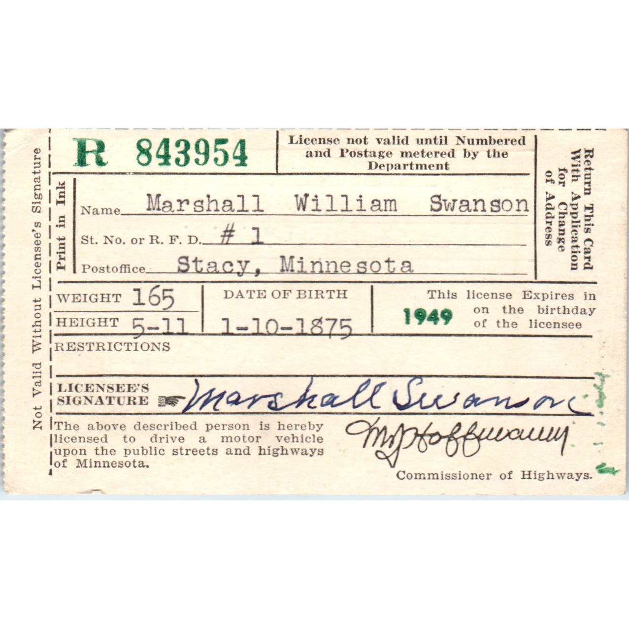 1949 Driver's License Marshall William Swanson Stacey MN AD7