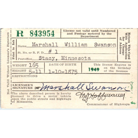 1949 Driver's License Marshall William Swanson Stacey MN AD7