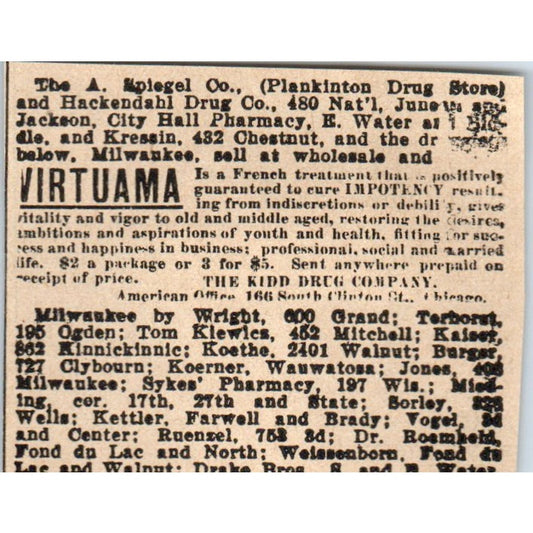 A. Spiegel Co Virtuama French Impotence Treatment 1898 Newspaper Clip AF7-SS9