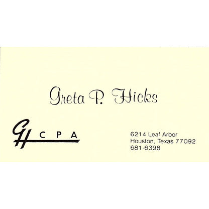 Greta P Hicks CPA Houston TX Vintage Business Card SD9-B1