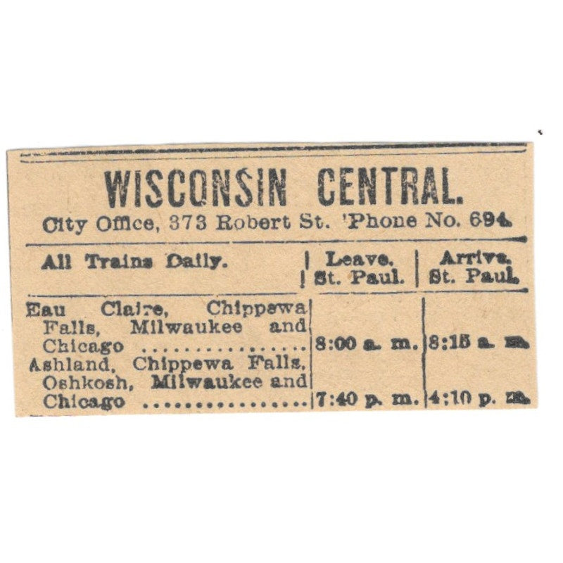 Wisconsin Central Lines Timetable St. Paul 1898 Newspaper Ad AF2-S5