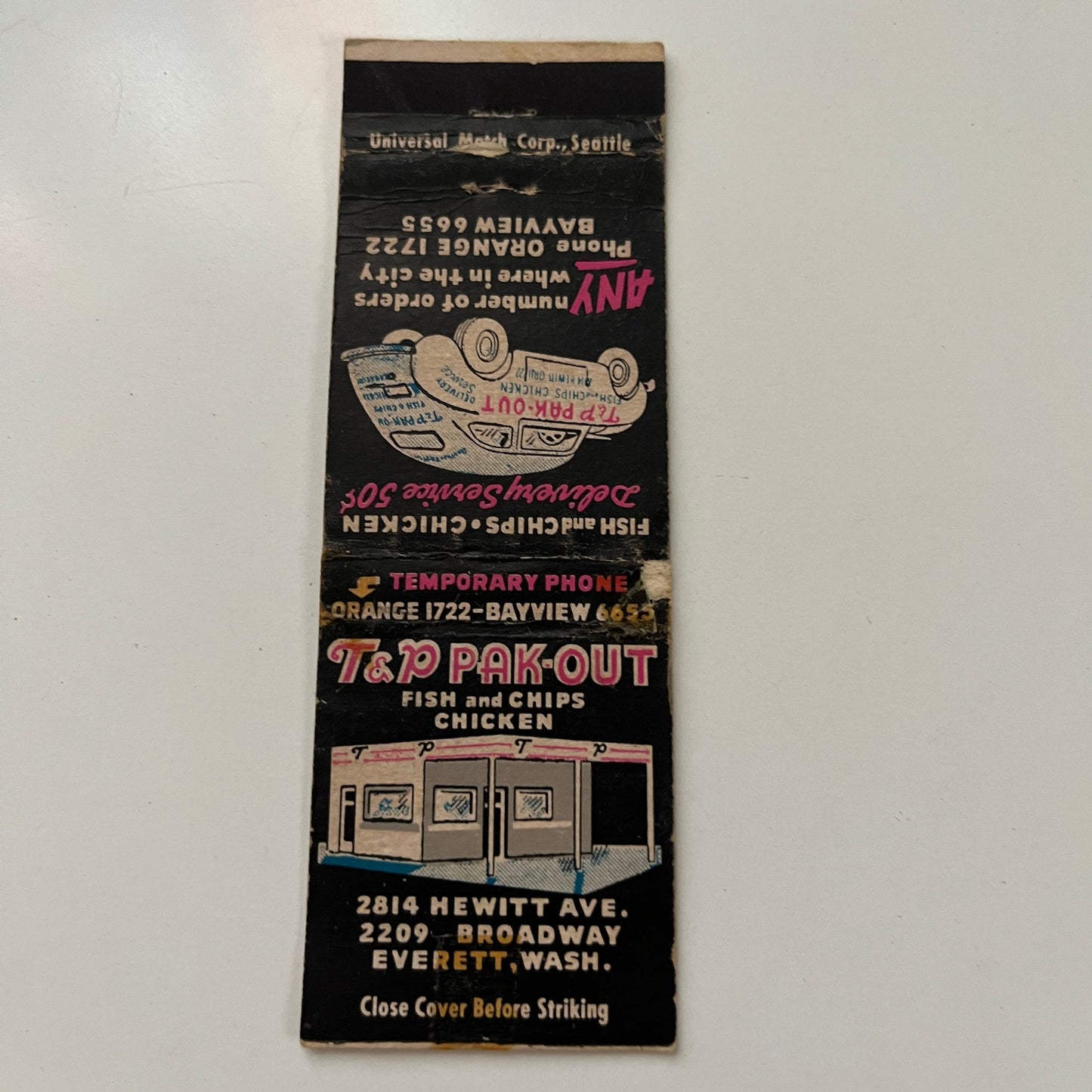 T&P Pak-Out Fish and Chips Chicken Everett WA Vtg Menu Matchbook Cover MB29-4