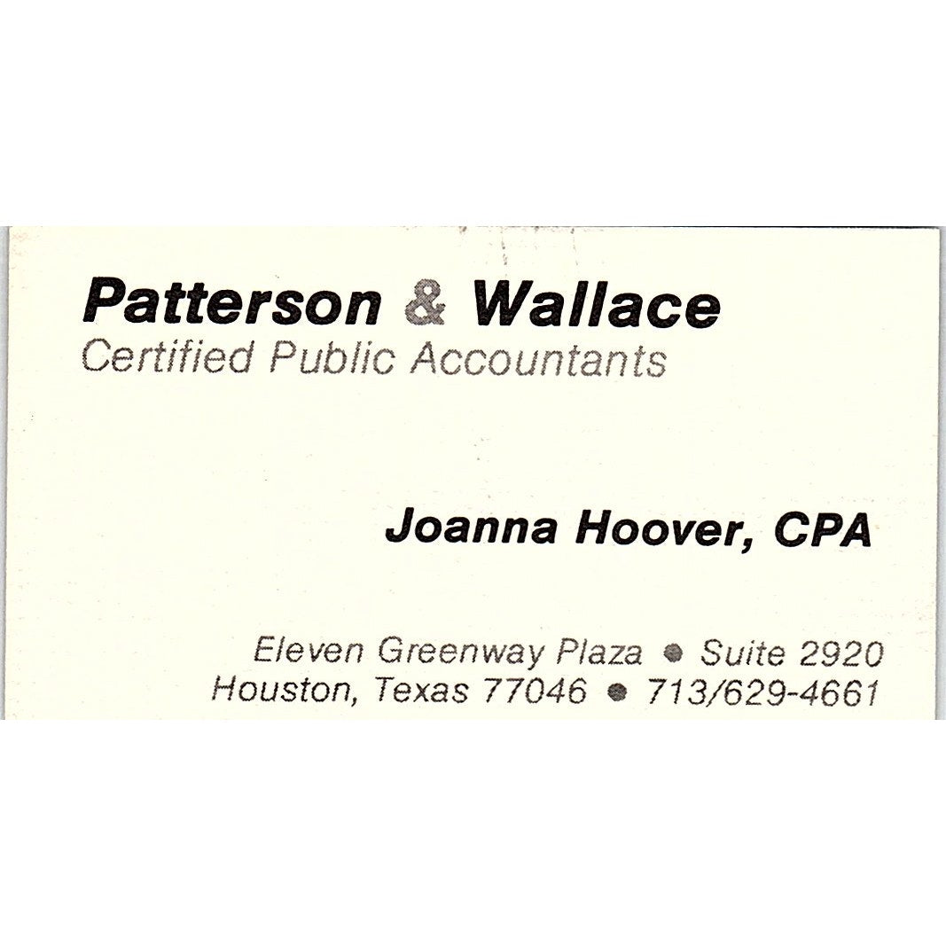 Patterson & Wallace Joanna Hoover CPA Houston TX Vintage Business Card SD9-B1