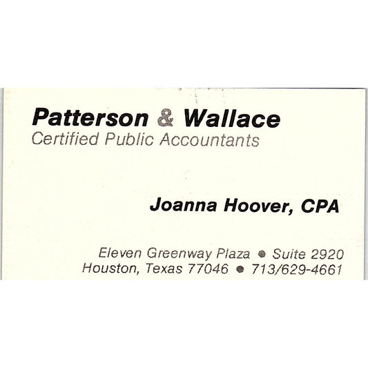 Patterson & Wallace Joanna Hoover CPA Houston TX Vintage Business Card SD9-B1