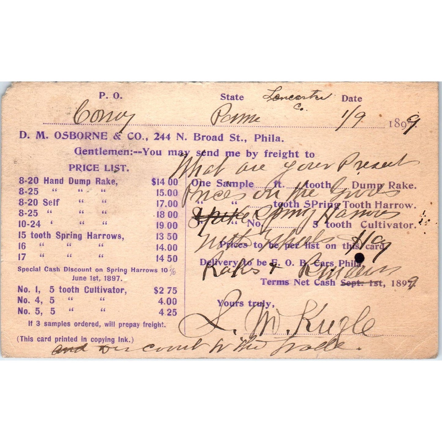 1899 D.M. Osborne & Co Philadelphia Payment Receipt Postal Card AE8