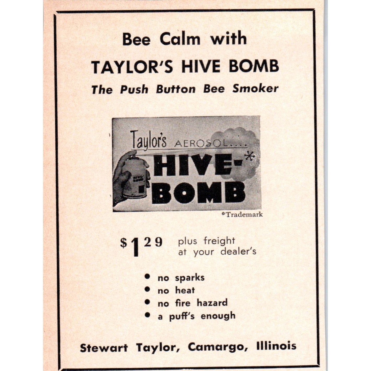 Taylor's Hive Bomb Stewart Taylor Camargo IL 1961 Magazine Ad AB6-LB