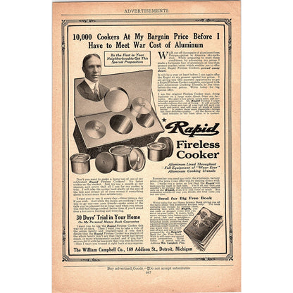 Rapid Fireless Cooker William Campbell Co Detroit Antique Magazine Ad 6.5x9.5 V4