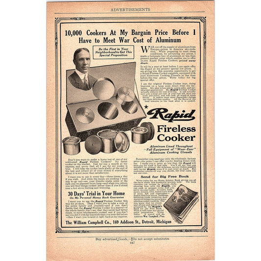 Rapid Fireless Cooker William Campbell Co Detroit Antique Magazine Ad 6.5x9.5 V4
