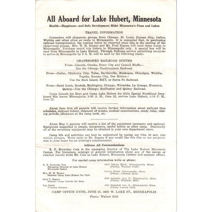 1950s Lake Hubert MN Camp Lincoln Boys Summer Camp Leaflet Form AE2