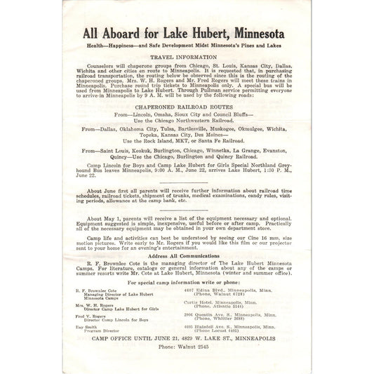 1950s Lake Hubert MN Camp Lincoln Boys Summer Camp Leaflet Form AE2
