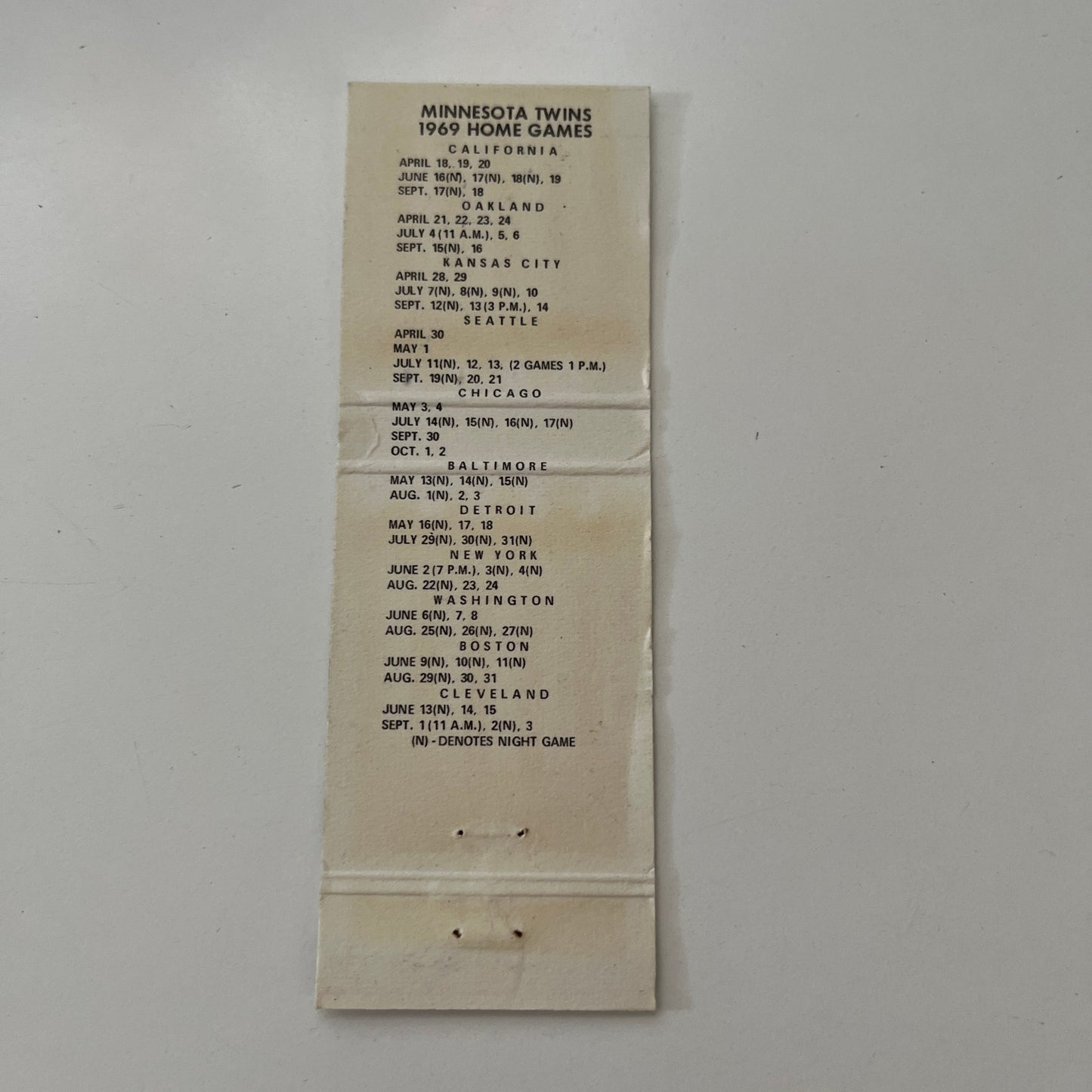 Minnesota Twins Baseball Schedule 1969 MN Vintage Matchbook Cover MB44-4