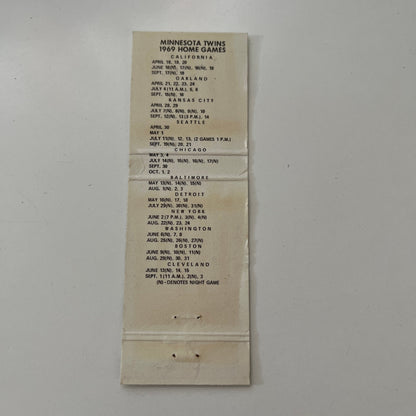 Minnesota Twins Baseball Schedule 1969 MN Vintage Matchbook Cover MB44-4