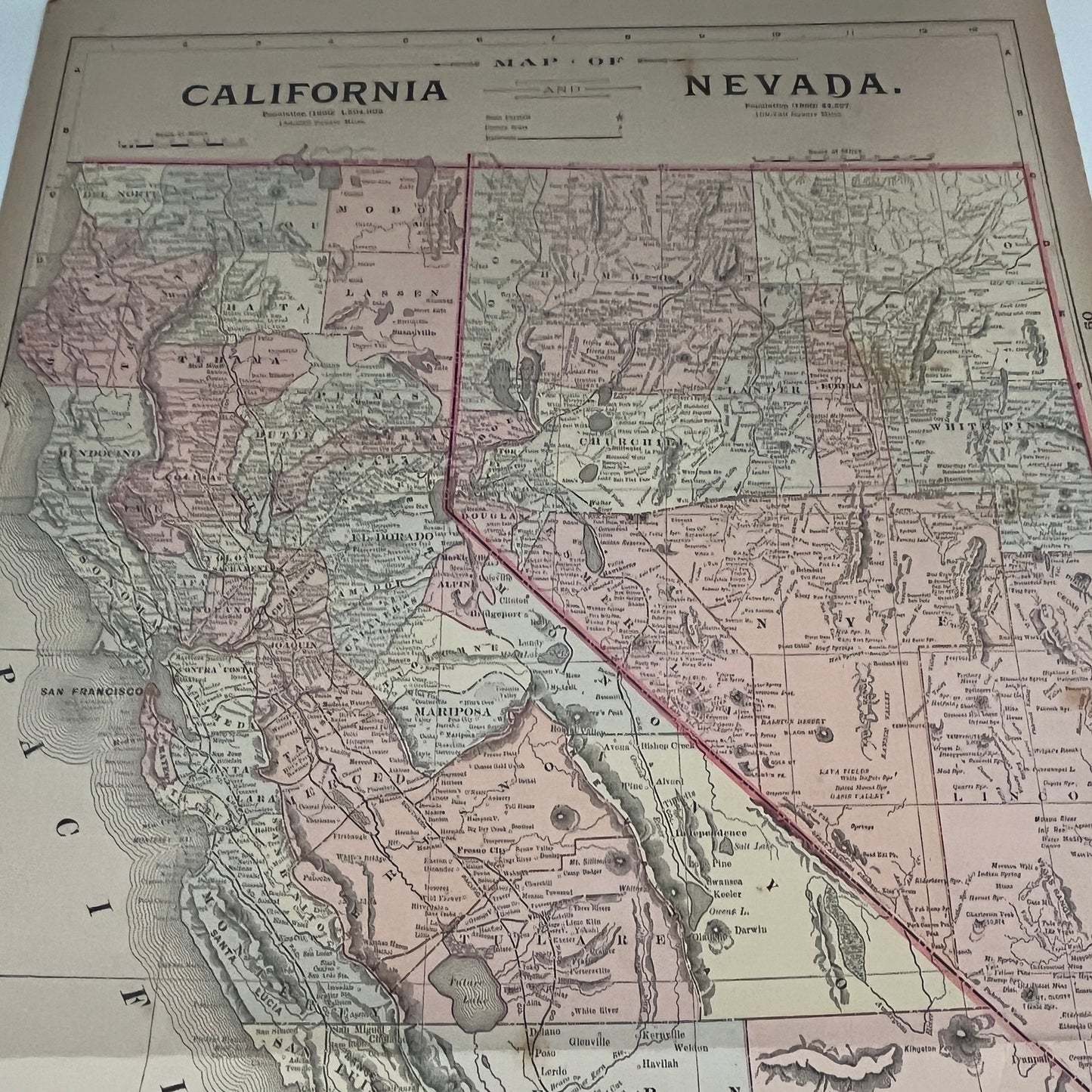 Texas, California & Nevada Fold Out 1894 Map Engraving V1-6