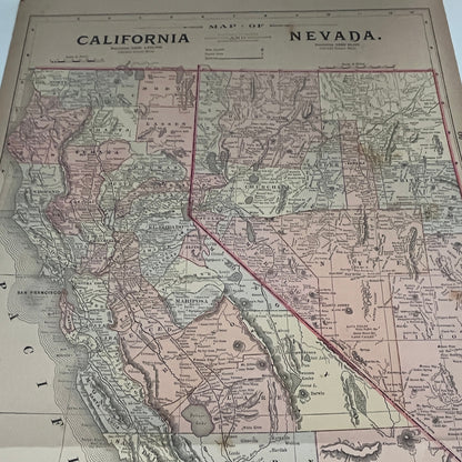 Texas, California & Nevada Fold Out 1894 Map Engraving V1-6
