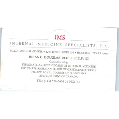 IMS Internal Medicine Specialists Brian C. Douglas Houston Business Card SD8-B21
