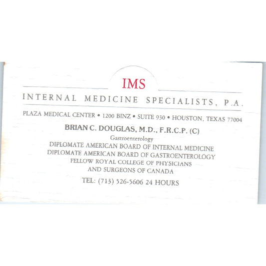 IMS Internal Medicine Specialists Brian C. Douglas Houston Business Card SD8-B21
