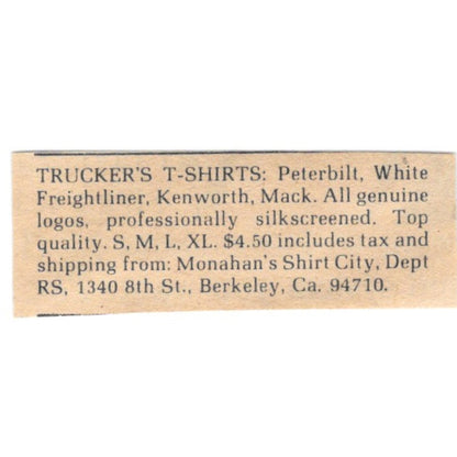 Trucker's T-Shirts Monahan's Shirt City Berkeley CA - 1/2x2 1974 Ad AF6-S7