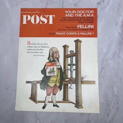 1966 Jan 1 Saturday Evening Post Benjamin Franklin Cover ONLY Vintage 10x13 V17