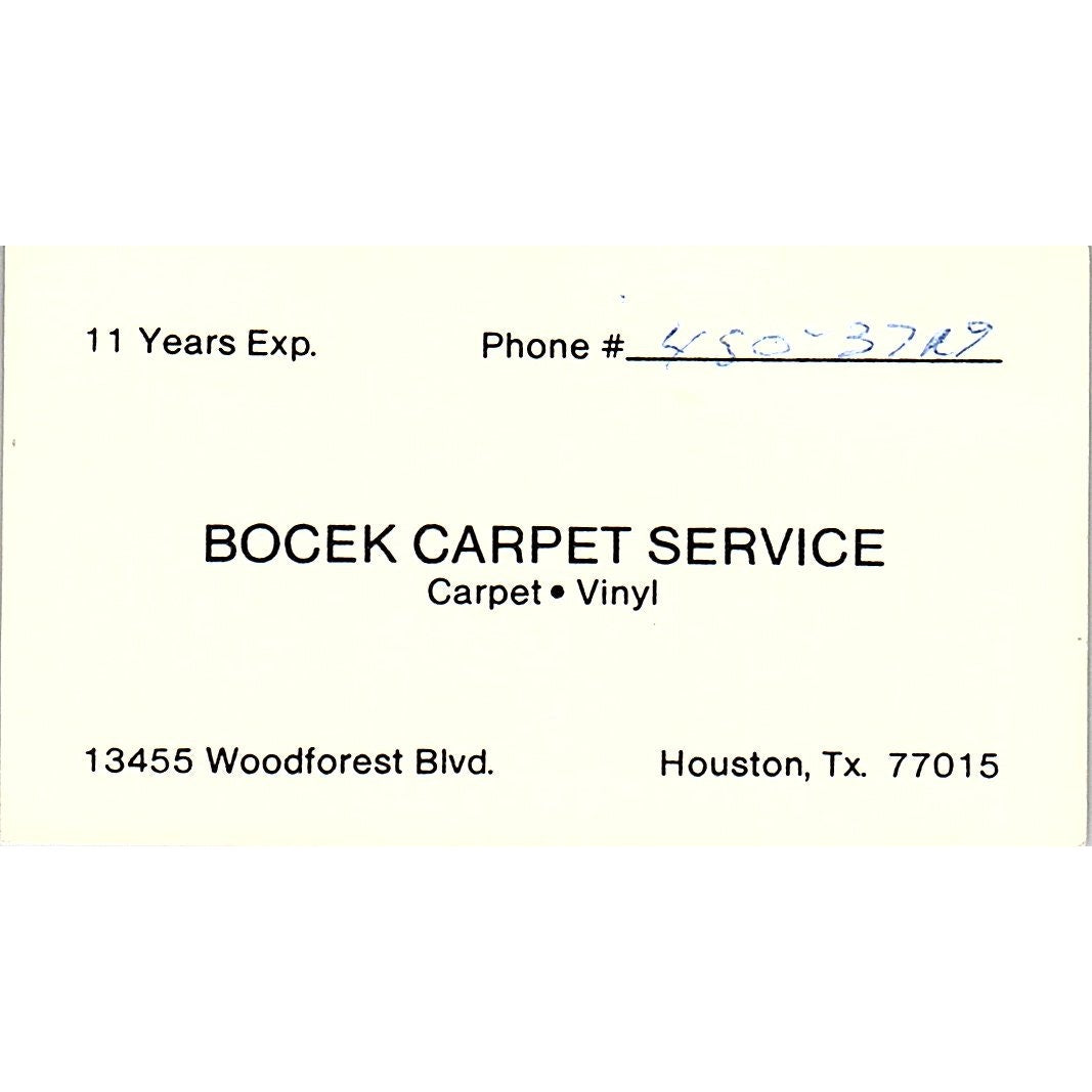 Bocek Carpet Service woodforest Bivd Houston Texas Vintage business Card SF3-B6