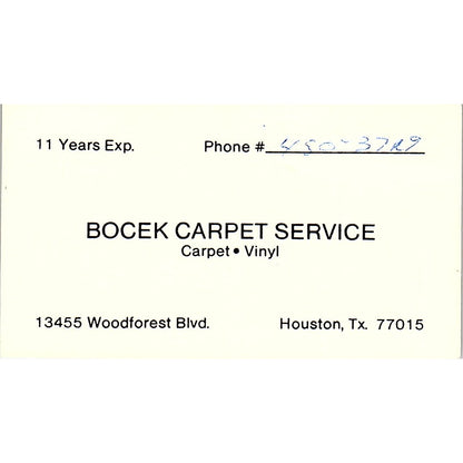 Bocek Carpet Service woodforest Bivd Houston Texas Vintage business Card SF3-B6