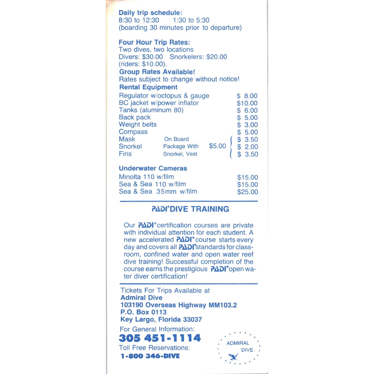 1980s Scuba Snorkel Instruction On Board Key Largo Florida Rate Card TF4-BA