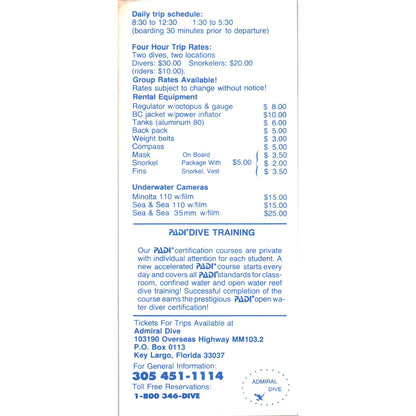 1980s Scuba Snorkel Instruction On Board Key Largo Florida Rate Card TF4-BA