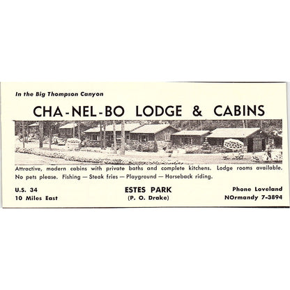 Cha-Nel-Bo Lodge & Cabins P.O. Drake Estes Park CO 1958 Ad AG1-M4