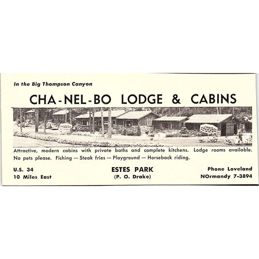 Cha-Nel-Bo Lodge & Cabins P.O. Drake Estes Park CO 1958 Ad AG1-M4